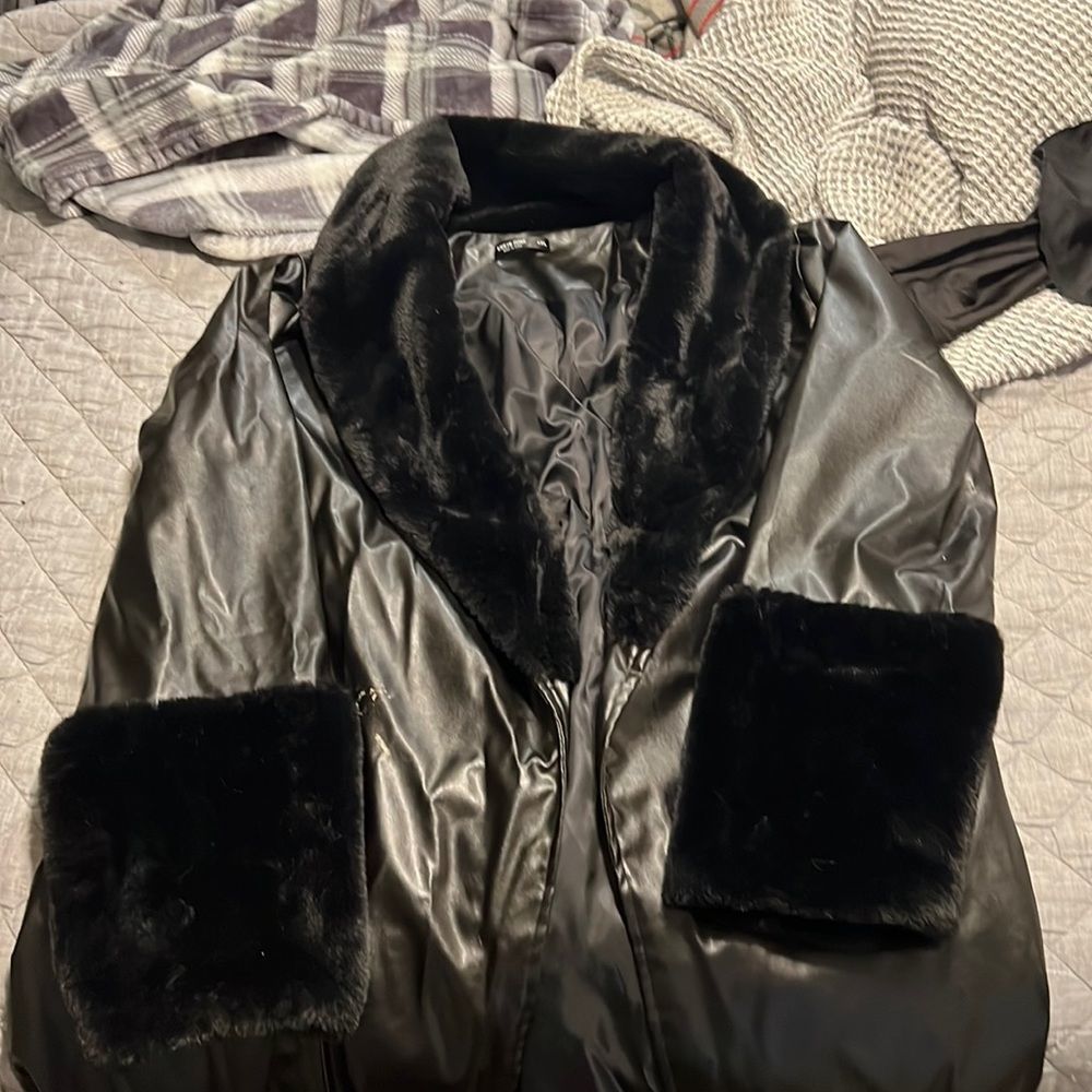 SHEIN faux Leather Trench Coat w Faux Fur Detail